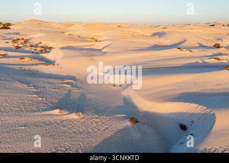 Aerial view of textures and patterns in the hills of white sand dunes at Yanerbie on the Eyre Peninsula in South Australia Stock Photo