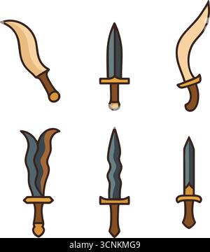 A display of six small ceremonial style daggers featuring varied curved and straight blades with simple crossguards and tapered handles Stock Vector