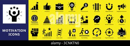 Motivation Success Icons Pack - Achievement Business Vector Graphics Collection. Success, Inspiration, Achievement, and Personal Growth Vector Symbols Stock Vector
