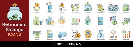 Retirement Savings Icons Set – Financial Planning and Investment Vector Collection for Long-Term Wealth Stock Vector