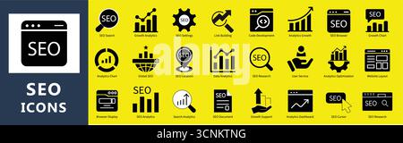 SEO Marketing Icons Pack - Digital Optimization Vector Graphics Set. Search Engine Optimization, Marketing, Ranking, and Analytics Vector Symbols Stock Vector