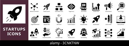 Modern Startup Icon Collection - Business Growth, Entrepreneurship, Innovation, and Strategy Vector Set Stock Vector