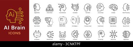 AI Brain Icons Set – Neural Intelligence and Digital Circuit Concepts for Tech Innovation Stock Vector