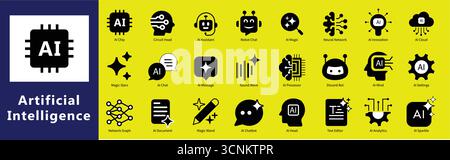 Artificial Intelligence AI Icons Collection - AI, Machine Learning, Neural Network, and Technology Vector Symbols Stock Vector