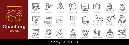 Coaching Icons Set – Leadership and Personal Growth Symbols for Strategic Development Stock Vector