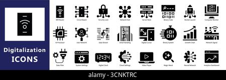 Digitalization Icons Set | Data Transformation, Cloud Computing, Automation, and Technology Vector Symbols Stock Vector