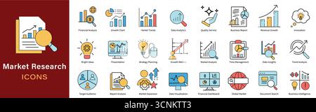 Market Research Icons Set – Business Analysis and Data Insights Vector Collection Stock Vector