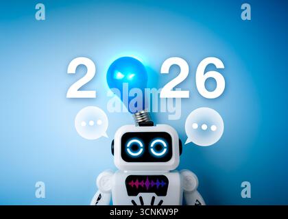 Cute AI assistant robot with glowing blue light bulb head and speech bubbles, symbolizing artificial intelligence innovation, virtual assistant and sm Stock Photo