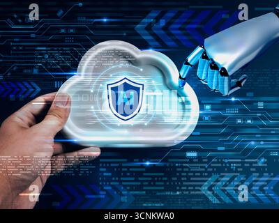 AI cloud technology concept with human and robot hands touching a digital cloud with shield icon, symbolizing secure cloud storage, data transfer, art Stock Photo