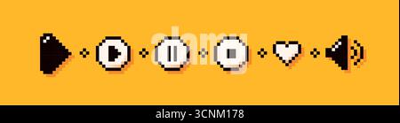 Pixel color music elements. Stop, play, pause buttons. Simple heart and volume icon. Stock Vector