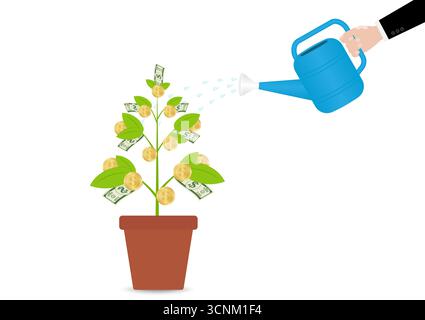 Hand Watering Money Plant. Business Profit Growing with Passive Income. Growing Money, Saving and Investment Concept. Stock Vector