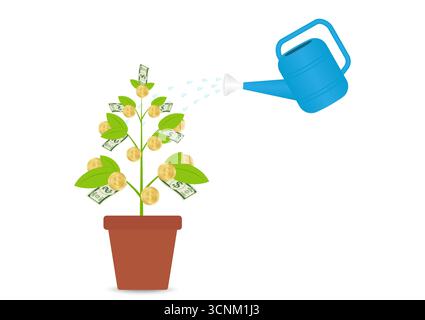 Watering Money Plant. Business Profit Growing with Passive Income. Growing Money, Saving and Investment Concept. Stock Vector