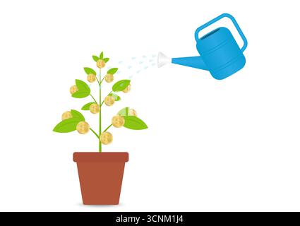 Watering Money Plant. Business Profit Growing with Passive Income. Growing Money, Saving and Investment Concept. Stock Vector