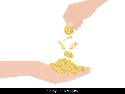 Hand Holding and Receiving Coins. Growing Money, Saving, Donation or Investment Concept. Vector Illustration. Stock Vector