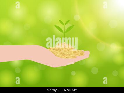 Hand Holding Coins and Money Plant. Vector Illustration on White Background. Growing Money, Saving and Investment Concept. Stock Vector