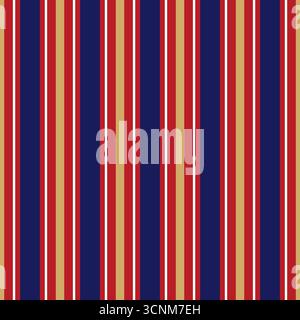 Vertical blue and red combination gold color stripes seamless pattern. Lines vector abstract design. Stock Vector