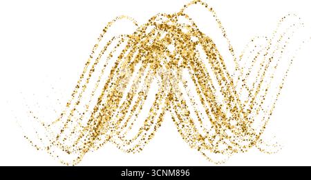 Dynamic golden waves with small particles and shine effects. Gold stipple flow waves, glitter undulate pattern. Golden vector curved dashed line Stock Vector