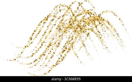 Gold stipple flow waves, glitter undulate pattern. Dynamic golden waves with small particles and shine effects. Golden vector curved dashed line Stock Vector