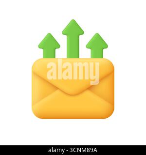 Yellow envelope with three green arrows pointing upward. Mail sending, communication, newsletter, digital marketing and message delivery concept. 3d v Stock Vector