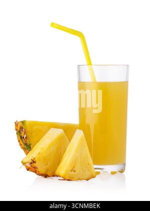 A glass of pineapple juice without ice and pineapple pieces lying nearby, isolated on a white background Stock Photo