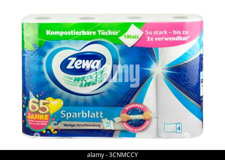 Hamburg, Germany -  September 18   2025: German roll of paper towels Zewa Wisch und Weg Sparblatt isolated on white background Stock Photo