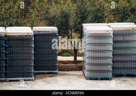 Ta’ Qali, Malta – April 14, 2025: Stacks of empty wine bottles wrapped in plastic at a vineyard production site in Ta’ Qali, with olive trees and vine Stock Photo