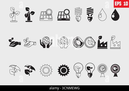 Ecology icon set. Environment, sustainability, nature, recycle, renewable energy; electric bike, eco-friendly, forest, wind power, green symbol. Solid Stock Vector
