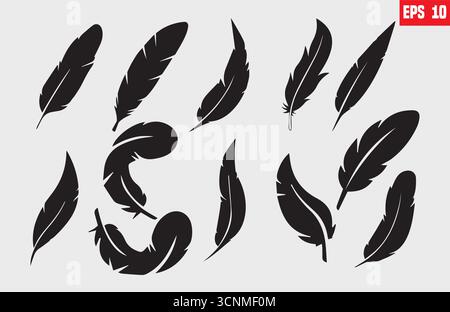 Bird feather icons set. Platelet collection. vector, isolated feathers silhouette Stock Vector