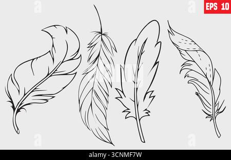 Feathers line icon set, vector, isolated feathers silhouette Stock Vector