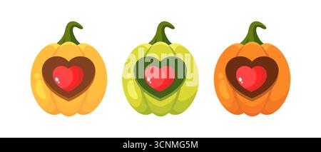 Set of cartoon pumpkin lanterns with hearts inside. Pumpkin icons in different colors. Vector illustration Stock Vector