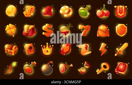 Golden glowing game icons. Cartoon award and loot icons for game UI, key trophy gemstone gold coins money icons with shiny glow. Vector casino set Stock Vector
