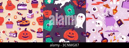 Halloween patterns. Seamless print of scary holiday symbols, abstract background with pumpkin ghost monster for wallpaper design. Vector Halloween Stock Vector