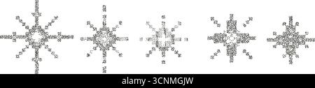 Pixel grunge snowflakes icons set. Snow distressed texture stipple elements. Winter retro gradient flakes. Vector Christmas or New Year festive symbol Stock Vector