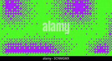 Halftone bright background. Noisy gradient with green and neon purple colors design cover. Grainy pixel backdrop. Dots wide banner. Vector abstract gr Stock Vector
