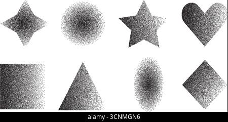 Grain noise gradient geometric shapes set. Grainy textured black y2k graphic elements. Heart, ellipse, star and circle dotwork brutalist forms. Vector Stock Vector