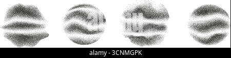 Noise etching circular and abstract element with wave lines set. Grunge irregular dotwork gradient circles. Black round halftone shapes of dots textur Stock Vector