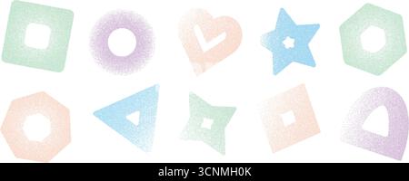 Pastel grunge rough geometric shapes set. Grainy distressed textured y2k elements with hole. Rhombus, blinks, star with circle soft kids vector gritty Stock Vector