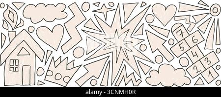 Childish hand drawn elements set. Crayon drawn crown and house, hopscotch, sun and clouds doodle shapes pattern background. Kindergarten naive marker Stock Vector