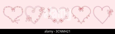 Vintage heart ribbon. Cute sketches of doodle bow frames with ribbons, Valentines day romantic love curly ribbon decoration, elegant bows coquette Stock Vector