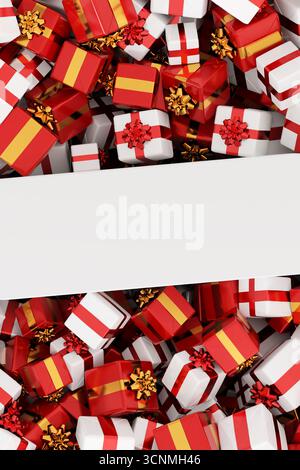 A podium seen from above surrounded by a pile of gold and red Christmas gifts - 3D rendering Stock Photo