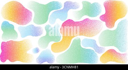 Organic vibrant gradient doodle shapes set. Irregular spray paint figures. Random abstract fluids. Uneven shape splashes. Wavy blob stains. Curvy liqu Stock Vector