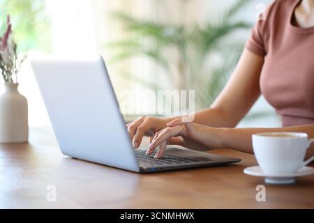Close up of a woman hands typing on laptop in a wooden table at home Stock Photo