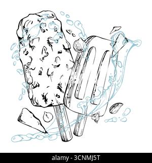 Chocolate and nuts coat ice cream popsicle with water splashes, droplets, dragee bonbons. graphic illustration hand drawn in vector ink. Cocktail Stock Vector