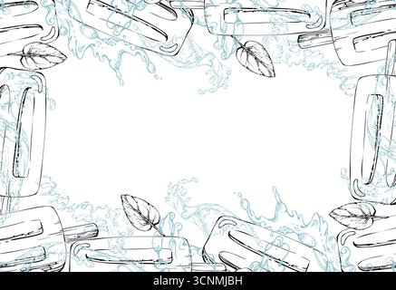 Ice lolly popsicle stick with fresh mint leaves in water splashes, waves and drops. graphic frame illustration hand drawn in vector ink. Cafe branding Stock Vector