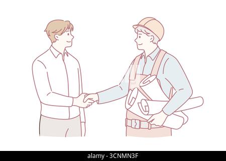 Cooperation between management and engineering concept. Young smiling men engineer constructor and manager customer standing shaking hands after successful collaboration vector illustration Stock Vector