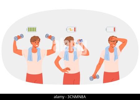 Exhausted athlete drinks energy drink and lifts heavy dumbbells, thanks to effectiveness of taurine Stock Vector