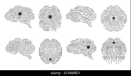 Circuit board brain. Technical thinking concept with microchip brain, brain with electronic circuitry. Vector cyberpunk human brain isolated on white Stock Vector