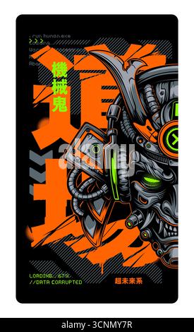 Futuristic cyber samurai mask with digital noise. Japanese words mean mechanical demon, ultra futuristic, training hall. Bold concept for stories and mobile wallpapers. Vector art. Stock Vector