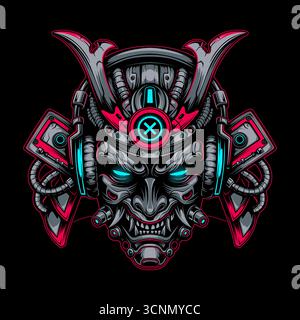 Cyberpunk samurai mask illustration with neon details, mechanical elements and futuristic design. Perfect for streetwear, tattoo art, posters and gaming graphics. Vector EPS10 graphics. Stock Vector