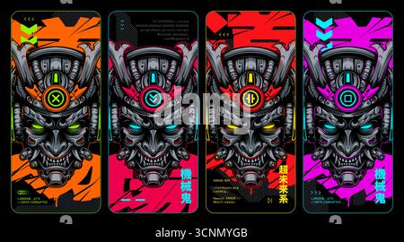 Set of four cyber samurai mask vertical designs in futuristic glitch style with bold neon colours. Japanese text: Mechanical Demon, Ultra Futuristic, Place Of Practice. Perfect for gaming, esport, branding. Vector EPS10. Stock Vector